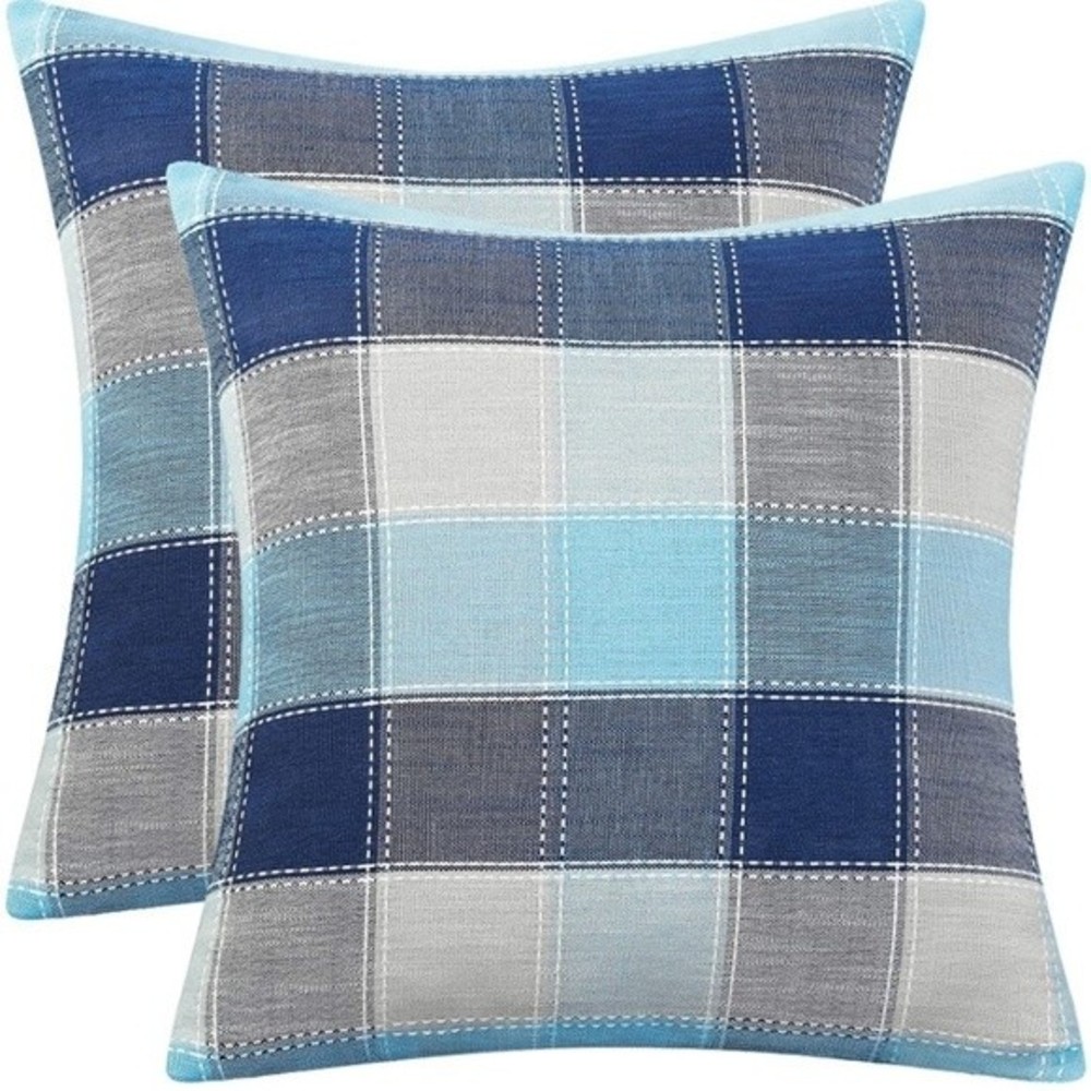 Set of 2 linen blend plaid Throw pillow covers blue